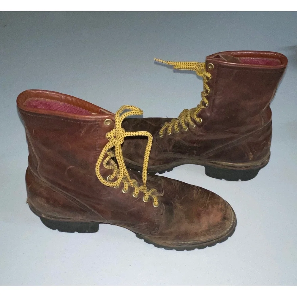 Vtg Red Wing Logger Boots size 14 Brown Leather Work Vibram Lug Sole Made in USA